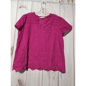 LOFT‎ Shirt Womens Large Eyelet Lace Floral Embroidered Scallop Hem Top